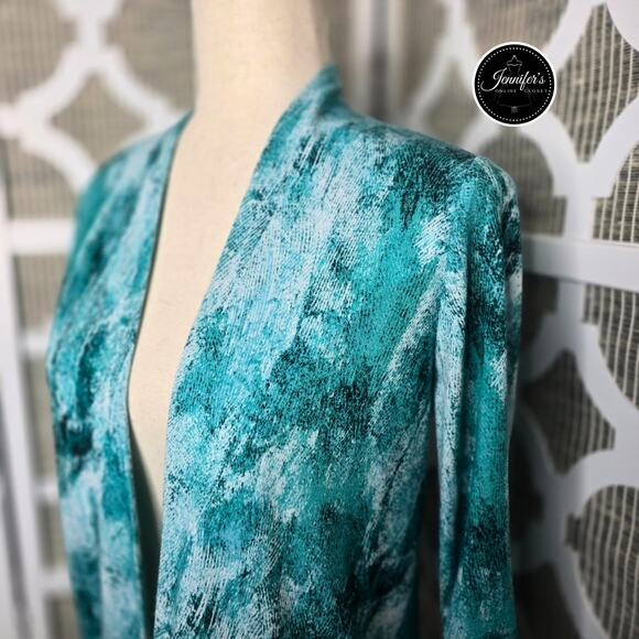 Easy Wear by Chico's Turquoise & White Open Front Cardigan/Jacket Size 0=S/4 - Picture 2 of 9